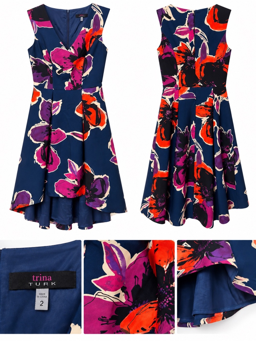 Trina Turk Navy Floral High Low Fit & Flare Dress Size 2